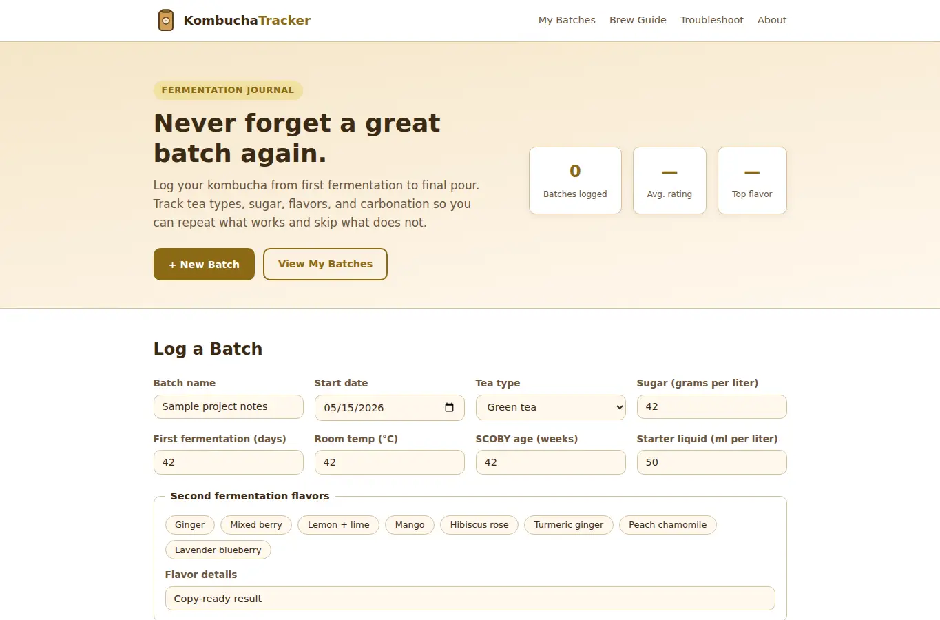 Screenshot of Kombucha Brew Tracker interface showing the project page in use